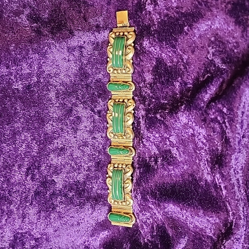 Vintage 40s-50s Mexican Silver Bracelet +  Green Onyx Stones